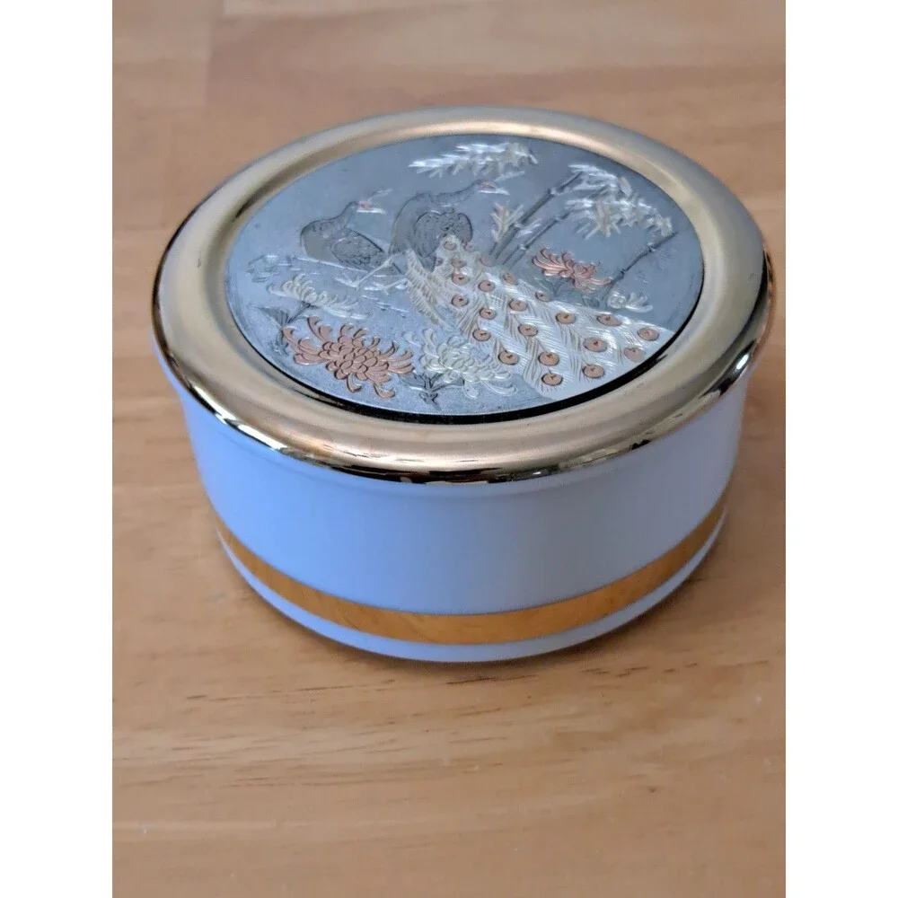 The Art of Chokin 24KT Gold Trim Lid Peacock Engraved Trinket Jewelry Jar 3.5